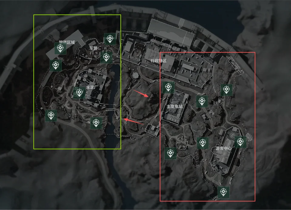 先判自己在东侧还是西侧,再决定抢行政楼节奏或去其他资源点 零号大坝出生点分区示意:东侧与西侧出生点