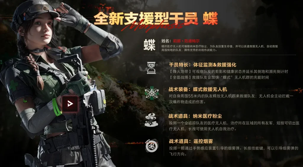 三角洲行动S8新干员蝶技能总览截图，展示55米救援与团队续命核心机制