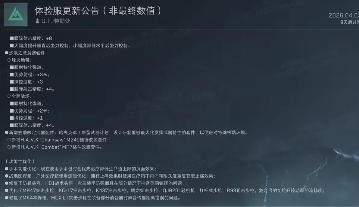 三角洲行动S9特殊改装套件与功能优化截图，展示沙漠之鹰竞赛套件、H.A.V.K改装和功能优化内容