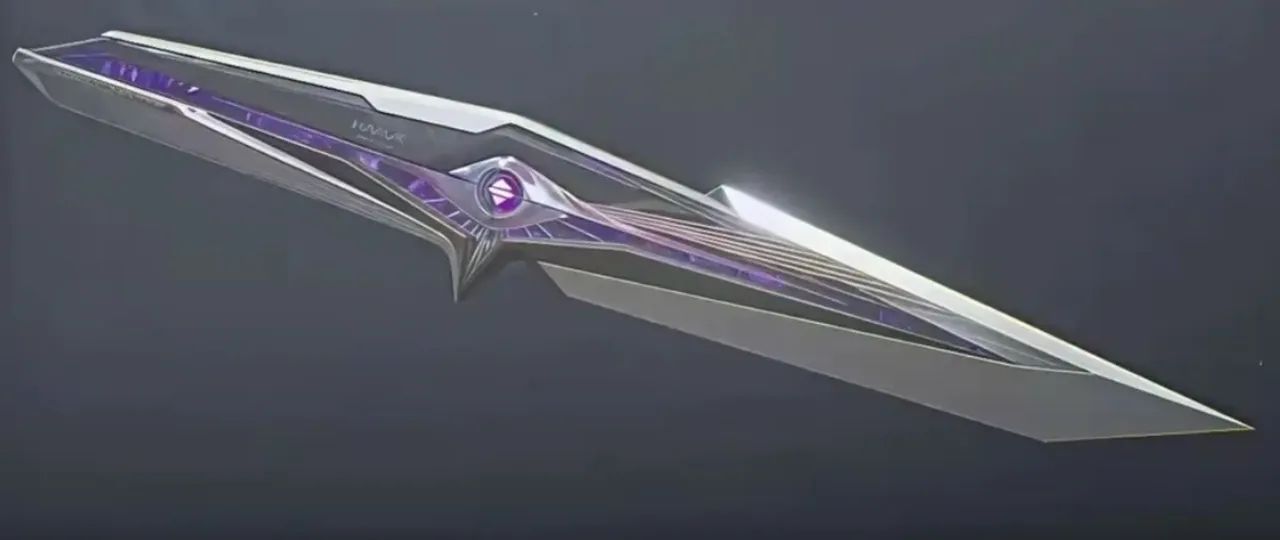 三角洲行动观测者激光刀刀模图，展示紫蓝能量核心和修长刀身设计