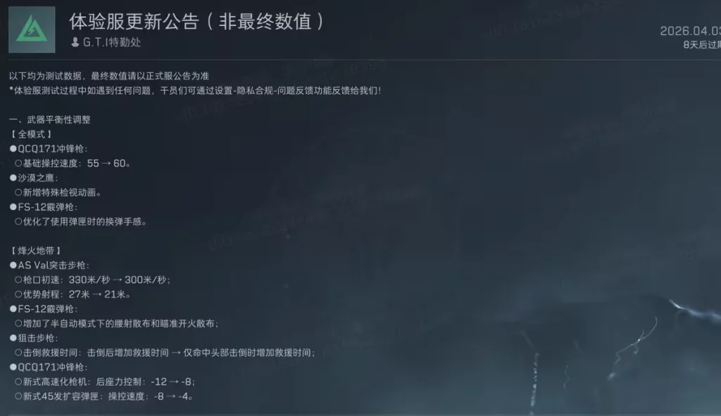 三角洲行动S9枪械平衡性调整公告截图，展示QCQ171、FS-12、AS Val等武器在体验服中的改动