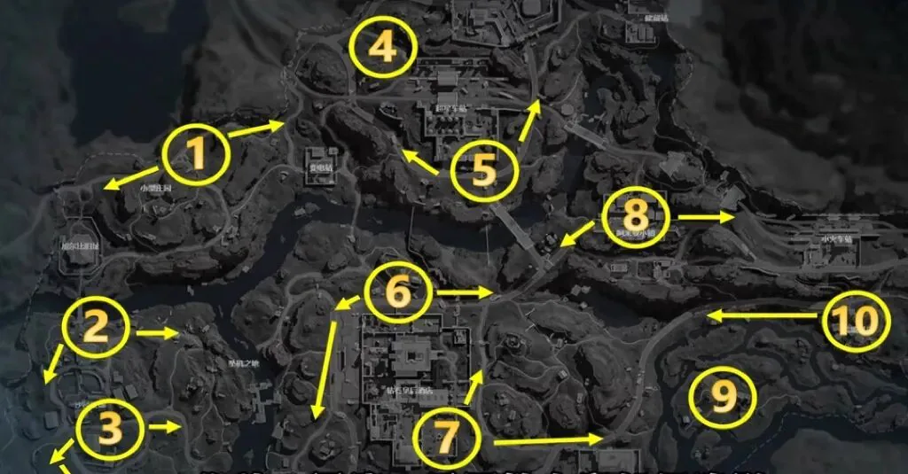 三角洲行动火箭鼠鼠长弓溪谷刷新点图，展示长弓溪谷地图内的火箭鼠鼠刷新区域