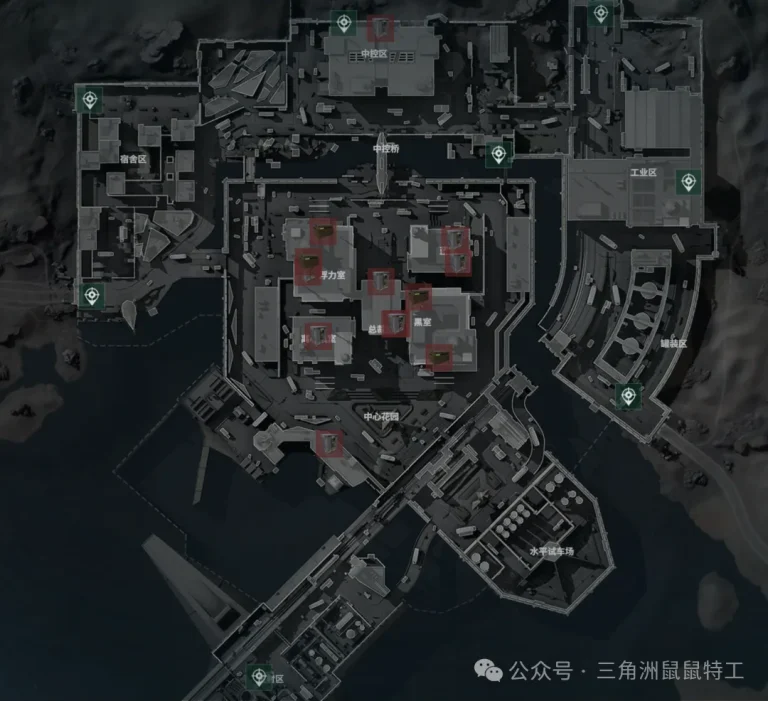 三角洲行动绝密航天地图总览截图，展示中心区、黑室、动力室和外围撤离点分布