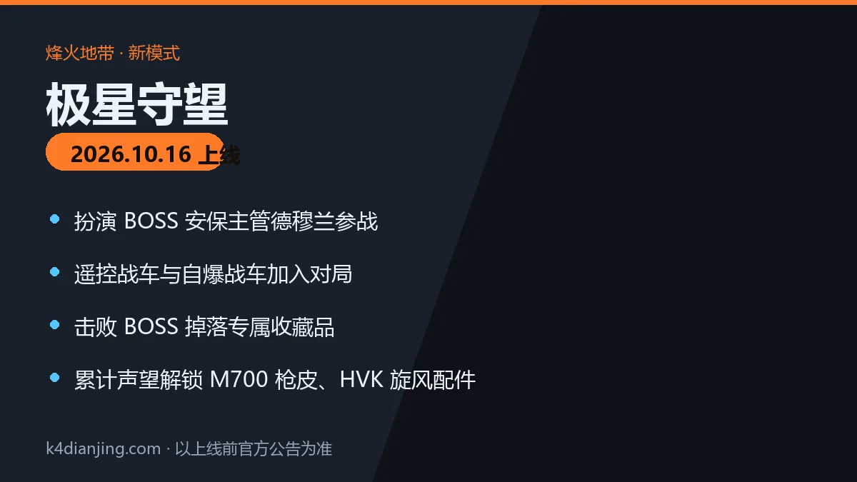 三角洲行动极星守望模式10月16日上线：扮演BOSS德穆兰，遥控战车与自爆战车参战，累计声望解锁M700枪皮